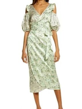 Never fully dressed  green marble cold shoulder wrap dress